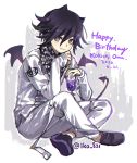  1boy bangs black_footwear character_name checkered checkered_neckwear crossed_legs cup dangan_ronpa dated hair_between_eyes happy_birthday holding holding_cup iko_831 long_sleeves male_focus new_dangan_ronpa_v3 ouma_kokichi purple_hair simple_background sitting solo straitjacket tail twitter_username two-tone_background violet_eyes wings 
