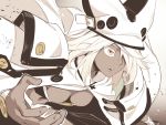  1girl asutora beltbra breasts dark_skin guilty_gear guilty_gear_xrd hair_over_one_eye hat looking_afar medium_breasts orange_eyes platinum_blonde_hair ramlethal_valentine short_hair solo white_headwear 