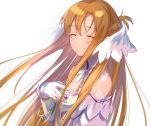  1girl asuna_(sao) bangs bare_shoulders blush braid breasts brown_eyes brown_hair closed_eyes closed_mouth collarbone commentary_request detached_sleeves dress floating_hair from_side gloves highres long_hair long_sleeves looking_at_viewer noro_(ro_no) shiny shiny_hair simple_background smile solo sword_art_online upper_body very_long_hair white_background white_dress white_gloves 