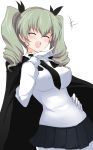  absurdres aikir_(jml5160) anchovy_(girls_und_panzer) anzio_school_uniform black_cape black_neckwear black_skirt blush breasts cape closed_eyes drill_hair girls_und_panzer gloves green_hair hand_on_hip highres long_hair medium_breasts necktie school_uniform skirt twin_drills white_gloves white_legwear 