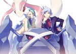  2boys bare_arms black_pants blue_eyes blue_hair closed_mouth collared_shirt commentary_request gen_3_pokemon green_hair hand_on_hip highres jacket leaning_forward light_smile long_sleeves metagross milotic multiple_boys pants pokemon pokemon_(creature) pokemon_(game) pokemon_oras red_neckwear shirt spiky_hair steven_stone wallace_(pokemon) white_shirt xia_(ryugo) 