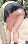  1girl adjusting_clothes adjusting_shoe ass bent_over black_skirt commentary_request head_out_of_frame highres legs long_sleeves musunde_hiraite_(mh5jta) original outdoors panties skirt socks solo standing thighs underwear upskirt white_panties 