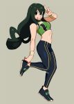  1girl asui_tsuyu black_eyes black_footwear black_legwear boku_no_hero_academia brown_background full_body hair_rings hand_up highres leg_up leggings long_hair looking_at_viewer low-tied_long_hair midriff navel shoes signature simple_background smile solo standing tongue tongue_out v zambiie 