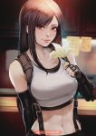  1girl abs black_gloves black_hair breasts closed_mouth elbow_gloves final_fantasy final_fantasy_vii final_fantasy_vii_remake fingerless_gloves flower gloves holding large_breasts long_hair looking_at_viewer magion02 midriff navel sleeveless smile solo suspenders suspenders_gap tank_top tifa_lockhart upper_body watermark web_address white_flower white_tank_top 