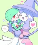  blush closed_eyes commentary_request flying_sweatdrops gardevoir gen_3_pokemon gen_8_pokemon green_background hatterene heart highres holding_hands looking_back no_humans open_mouth outline pokemon pokemon_(creature) red_eyes spoken_blush spoken_heart tongue wadorigi 