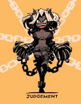  1girl :d black_skin breasts breasts_apart chain character_name claws demon_girl demon_horns full_body helltaker highres horns jacket judgement_(helltaker) large_breasts looking_at_viewer navel open_mouth orange_background rariatto_(ganguri) ringed_eyes simple_background smile solo standing symbol_commentary thigh-highs white_eyes white_hair 