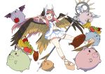  apple banana bracelet circe_(fate/grand_order) fate/grand_order fate_(series) food fruit grapes head_wings highres jewelry long_hair navel pig pink_hair sandals shiraha_(orega-gandamud) staff turkey_(food) white_background winged_pig wings 