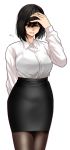  1girl arm_behind_back bangs black_hair black_skirt blurry blush bra_through_clothes breasts collared_shirt commentary_request depth_of_field flying_sweatdrops hair_between_eyes hand_on_own_head highres hoshi_san_3 large_breasts long_sleeves looking_at_viewer medium_hair mole mole_on_neck mole_under_eye mole_under_mouth office_lady original pantyhose pencil_skirt shirt simple_background skirt solo white_background white_shirt 