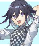  1boy :d bangs black_hair blue_background blurry blurry_foreground checkered checkered_scarf commentary_request dangan_ronpa depth_of_field eye_contact hair_between_eyes huyuharu0214 jacket looking_at_another looking_to_the_side looking_up male_focus medium_hair multicolored_hair new_dangan_ronpa_v3 open_mouth ouma_kokichi purple_hair scarf short_sleeves signature smile solo straitjacket two-tone_background upper_body upper_teeth white_background white_jacket 