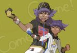  2boys baseball_cap brothers clenched_hand closed_mouth collared_shirt commentary_request dark_skin dark_skinned_male dynamax_band floating_hair gloves hat hop_(pokemon) leon_(pokemon) male_focus multiple_boys nanaheibei_3 open_mouth pokemon pokemon_(game) pokemon_swsh purple_hair shirt short_sleeves shorts siblings single_glove smile teeth tongue white_shorts yellow_eyes 