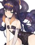  1girl bangs bare_shoulders black_dress blue_eyes blush breasts closed_mouth detached_sleeves dress halo hololive hololive_english long_hair looking_at_viewer ninomae_ina&#039;nis oni_noodle pointy_ears purple_hair short_dress sidelocks simple_background single_detached_sleeve smile tentacle_hair tentacles virtual_youtuber white_background 