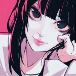  1girl absurdres black_eyes black_hair closed_mouth face fingernails highres homuntan huge_filesize long_hair looking_at_viewer original pink_background pink_lips simple_background sketch smile solo upper_body 