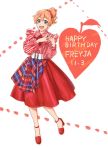  1girl alternate_costume dated dress freyja_wion green_eyes happy_birthday highres macross macross_delta mosako open_mouth orange_hair red_dress solo tied_hair walkure_(macross_delta) 