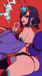  1girl absurdres ass bare_shoulders breasts commentary ennuigrl fate/grand_order fate_(series) highres looking_at_viewer looking_back purple_hair red_background short_hair shuten_douji_(fate/grand_order) thighs violet_eyes 