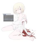  1girl blonde_hair blood blood_splatter breasts brown_eyes collared_shirt context_menu cursor eguchi_saan highres long_sleeves navel original purple_nails shirt short_hair simple_background sitting small_breasts solo torn_clothes translation_request unbuttoned unbuttoned_shirt unmoving_pattern white_background white_shirt 