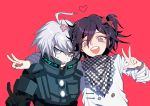  2boys ahoge android black_hair blue_eyes bow checkered commentary_request dangan_ronpa double_v flower hair_bow hair_flower hair_ornament heart keebo looking_at_viewer male_focus multiple_boys new_dangan_ronpa_v3 open_mouth ouma_kokichi pink_background power_armor protected_link scarf short_hair silver_hair simple_background smile straitjacket upper_body v violet_eyes white_skin zuizi 