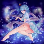  1girl aqua_dress ass bare_legs barefoot blue_background blue_eyes blue_hair blurry blurry_background blush bokeh breasts commentary_request depth_of_field dress feet frills full_body hagoromo hair_ornament hair_rings hair_stick highres kaku_seiga large_breasts light_particles lying on_side open_mouth puffy_short_sleeves puffy_sleeves shawl short_hair short_sleeves soles solo string thighs totolarc touhou vest white_vest 
