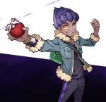  1boy clenched_hand commentary_request dark_skin dark_skinned_male dynamax_band fur-trimmed_jacket fur_trim highres holding holding_poke_ball hop_(pokemon) jacket male_focus nanaheibei_3 pants poke_ball poke_ball_(basic) pokemon pokemon_(game) pokemon_swsh purple_hair shirt smile solo teeth yellow_eyes 