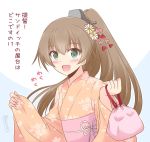  1girl alternate_costume bag brown_hair commentary_request floral_print flower green_eyes hair_flower hair_ornament icesherbet japanese_clothes kantai_collection kimono kumano_(kantai_collection) long_hair looking_at_viewer orange_kimono ponytail satchel solo translated two-tone_background upper_body 