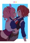  2girls blue_eyes bow hair_bow highres hug kaname_buccaneer looking_at_another macross macross_delta makina_nakajima mosako multiple_girls pink_bow pink_eyes pink_hair redhead twintails yuri 