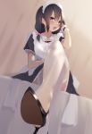  1girl apron black_hair blush bow commentary crossed_legs eyebrows_visible_through_hair eyes_visible_through_hair hair_bow maid maid_apron maid_headdress open_mouth original sitting solo thigh-highs twintails unimon_e violet_eyes white_legwear wrist_cuffs 