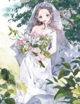  1girl bare_shoulders blush bouquet bridal_veil bride brown_hair collarbone dress earrings flower formal green_eyes highres jewelry mirei-yume open_mouth original strapless strapless_dress suit veil wedding wedding_dress white_dress white_suit 