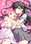  2girls :d bangs black_eyes black_hair blunt_bangs cherry_blossoms dress fujima_takuya grey_skirt hair_ornament hairclip long_hair looking_at_viewer multiple_girls neck_ribbon okita_sakura open_mouth petals pink_dress pink_eyes pink_hair pink_neckwear pleated_skirt ribbon sailor_collar school_uniform senyoku_no_sigrdrifa serafuku short_hair short_sleeves signature skirt smile watarai_sonoka 