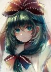  1girl bangs blush bow commentary_request frilled_ribbon frills front_ponytail green_eyes green_hair hair_bow hair_ribbon highres kagiyama_hina looking_at_viewer maho_moco medium_hair red_ribbon ribbon solo touhou white_background 