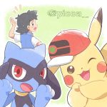  1boy artist_name ash_ketchum black_hair blush brown_eyes fingernails gen_1_pokemon gen_4_pokemon hand_up hatted_pokemon jacket looking_back mei_(maysroom) open_mouth outline pikachu pokemon pokemon_(anime) pokemon_swsh_(anime) riolu shirt short_sleeves sleeveless sleeveless_jacket sweatdrop tongue watermark white_shirt 