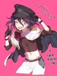  1boy ;d alternate_costume black_capelet black_gloves black_hair black_headwear blush capelet commentary_request cowboy_shot crop_top dangan_ronpa gloves hair_between_eyes hair_ornament hairclip hands_up hat jacket looking_at_viewer male_focus midriff multicolored_capelet navel new_dangan_ronpa_v3 one_eye_closed open_mouth otoko_no_ko ouma_kokichi pants pink_background short_hair simple_background smile solo stomach translation_request upper_teeth white_capelet white_pants zuizi 