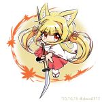  1girl animal_ears blonde_hair chibi dated fighting_stance fox_ears holding_naginata looking_at_viewer naginata orange_eyes original polearm shokkaa_(shmz61312) solo twintails weapon 