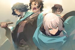  1girl 3boys black_hair black_scarf blonde_hair bright_pupils brown_hair brown_kimono cis05 closed_mouth commentary_request fate/grand_order fate_(series) floating_hair green_eyes grey_hair hair_between_eyes hakama hijikata_toshizou_(fate/grand_order) holding holding_sword holding_weapon japanese_clothes katana kimono koha-ace looking_at_viewer looking_away multiple_boys okita_souji_(fate) okita_souji_(fate)_(all) open_mouth ponytail saitou_hajime_(fate) scarf shinsengumi short_hair smile sword teeth wavy_hair weapon white_pupils yamanami_keisuke_(fate) 