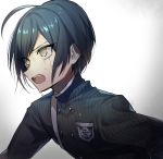  1boy ahoge artist_name bangs black_hair black_jacket commentary_request crying crying_with_eyes_open dangan_ronpa double-breasted from_side gradient gradient_background grey_background highres huyuharu0214 jacket long_sleeves male_focus new_dangan_ronpa_v3 open_mouth saihara_shuuichi school_uniform shirt short_hair signature solo striped_jacket tears teeth upper_body upper_teeth white_shirt 