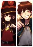  1boy 1girl belt blush cape capelet choker closed_eyes fist_bump grin hat highres kono_subarashii_sekai_ni_shukufuku_wo! megumin satou_kazuma short_hair smile xarlasar 