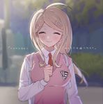  1girl ahoge akamatsu_kaede backpack bag blonde_hair blurry blurry_background blush breasts clenched_hand closed_eyes dangan_ronpa hair_ornament highres io_(sinking=carousel) long_hair long_sleeves medium_breasts musical_note_hair_ornament necktie new_dangan_ronpa_v3 red_neckwear smile solo sweater_vest translation_request upper_body 