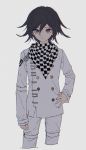  1boy absurdres bangs black_hair checkered checkered_neckwear checkered_scarf closed_mouth cropped_legs dangan_ronpa eyebrows_visible_through_hair grey_background hair_between_eyes hand_on_hip highres io_(sinking=carousel) long_sleeves male_focus new_dangan_ronpa_v3 ouma_kokichi scarf simple_background solo straitjacket violet_eyes 