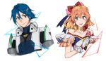  1boy 1girl blue_eyes blue_hair bow cropped_torso freyja_wion green_eyes hair_bow hair_ornament hayate_immelmann heart heart_hair_ornament holding holding_microphone idol looking_to_the_side macross macross_delta microphone mosako open_mouth orange_hair pilot_suit 