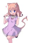  1girl :d animal_ear_fluff animal_ears bangs blue_eyes breasts cat_ears cat_girl cat_tail dress eyebrows_visible_through_hair frilled_dress frills hands_up highres long_hair looking_at_viewer open_mouth original pink_hair purple_dress ribbon saiste short_sleeves simple_background small_breasts smile solo standing standing_on_one_leg tail tail_ribbon white_background wristband 