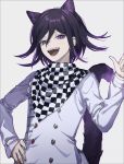  1boy animal_ears bangs cat_ears cat_tail checkered checkered_neckwear checkered_scarf dangan_ronpa eyebrows_visible_through_hair fangs grey_background hair_between_eyes hand_on_hip highres io_(sinking=carousel) long_sleeves male_focus new_dangan_ronpa_v3 open_mouth ouma_kokichi purple_hair scarf simple_background solo straitjacket tail violet_eyes 