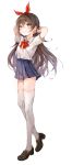  1girl absurdres amber_(genshin_impact) arms_behind_head bangs blush bow bowtie brown_eyes brown_footwear brown_hair collared_shirt full_body genshin_impact hair_between_eyes harusame_(user_wawj5773) highres long_hair pleated_skirt red_bow red_neckwear shirt shoes short_sleeves simple_background skirt smile solo thigh-highs white_background white_legwear white_shirt 