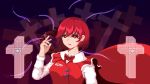  1girl bow bowtie braid buttons cape celtic_cross cross ears hexagram name_tag nukekip okazaki_yumemi parted_lips pixel_art redhead short_hair solo star_of_david symbol-shaped_pupils touhou touhou_(pc-98) 