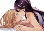 2girls absurdres aihara_mei aihara_yuzu black_hair blonde_hair citrus_(saburouta) closed_eyes fingernails from_side girl_on_top highres holding_hands incest interlocked_fingers kiss lying multiple_girls on_back open_mouth simple_background step-siblings sweet_reverie symbol_commentary white_background wife_and_wife yuri