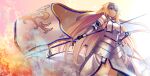  1girl absurdres armor armored_dress blonde_hair blue_eyes breast_curtains breasts chain fate/apocrypha fate/grand_order fate_(series) fire flag flame headpiece highres holding holding_flag holding_sword holding_weapon huge_filesize jeanne_d&#039;arc_(fate) jeanne_d&#039;arc_(fate)_(all) long_hair solo sword t_bone_(06tbone) thigh-highs very_long_hair weapon 