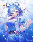  1girl absurdres blue_dress blue_eyes blue_hair blurry_foreground breasts bubble closed_mouth commentary_request dress eyebrows_visible_through_hair floating_hair flower hagoromo hair_ornament hair_rings hair_stick hand_on_own_face hand_to_own_mouth highres huge_filesize imoko_hyp kaku_seiga light_rays looking_at_viewer medium_breasts pink_flower puffy_short_sleeves puffy_sleeves sash shawl short_hair short_sleeves smile solo touhou underwater upper_body vest water white_vest 