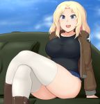  1girl blonde_hair blue_eyes breasts clouds crossed_legs day girls_und_panzer ground_vehicle highres jacket kay_(girls_und_panzer) laughing long_hair m4_sherman military military_vehicle motor_vehicle nikku_(nzaf5832) open_mouth saunders_military_uniform sitting sky tank tank_turret thighs 