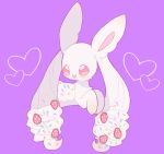  blush clarevoir commentary_request english_commentary fang food fruit full_body happy heart mixed-language_commentary no_humans open_mouth original partial_commentary pokemon pokemon_(creature) purple_background red_eyes simple_background smile solo sprinkles strawberry 