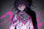  1boy bangs blood blood_on_face blood_splatter bloody_clothes bloody_hands checkered checkered_neckwear checkered_scarf closed_mouth cracked_wall dangan_ronpa eyebrows_visible_through_hair hair_between_eyes highres io_(sinking=carousel) long_sleeves male_focus new_dangan_ronpa_v3 ouma_kokichi purple_blood purple_hair scarf solo straitjacket violet_eyes 