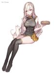  1girl absurdres artist_name baozi breasts cat china_dress chinese_clothes chopsticks chyan closed_mouth commission dress dungeon_and_fighter female_slayer_(dungeon_and_fighter) food grey_dress grey_legwear hand_up highres holding holding_food invisible_chair kneehighs large_breasts long_hair red_eyes short_dress simple_background sitting sleeveless sleeveless_dress solo white_background white_cat white_hair 