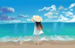  1girl beach brown_hair clouds dress from_behind hat highres kamado_nezuko kimetsu_no_yaiba long_hair looking_ahead ocean pote-mm solo sun_hat white_dress 