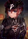  1boy absurdres bangs black_feathers blue_eyes blush buttons gloves halloween hat highres looking_at_viewer plague_doctor_mask redhead ribbon riddle_rosehearts syatihoko twisted_wonderland white_ribbon 